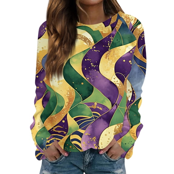 Mardi Gras Sweatshirts for Women Party Raglan Long Sleeve Pullover Funny Carnival Mask Printed Shirts Holiday Crew Neck Blouses Casual Tops Green M
