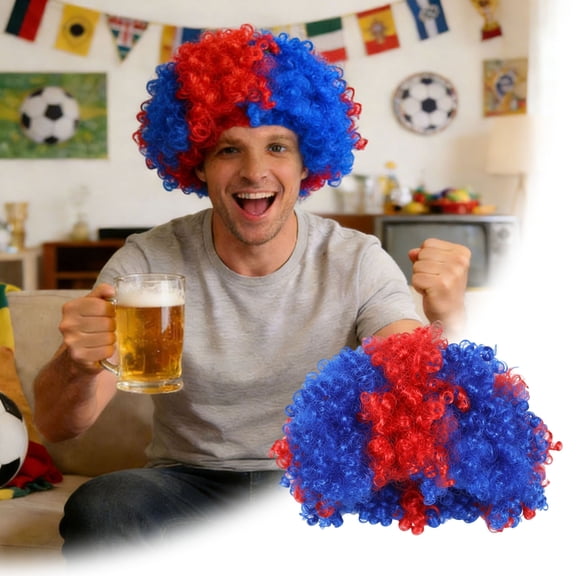 Mardi Gras Synthetic Wig Carnival Curly Colored Clown Wig Hair 2026 Soccer Sport Cup Fan Wig Red Blue Soccer Fans Support Wig for Australian Gift Party Supplies Comfortable Breathable(A)