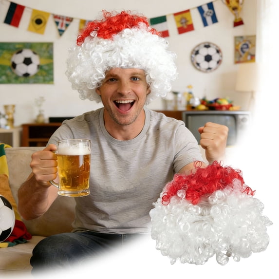 Mardi Gras Synthetic Wig Carnival Curly Colored Wig Hair 2026 Soccer Sport Cup Fan Wig Red White Flag Soccer Fans Support Wig for Gift Party Supplies Comfortable Breathable(E)