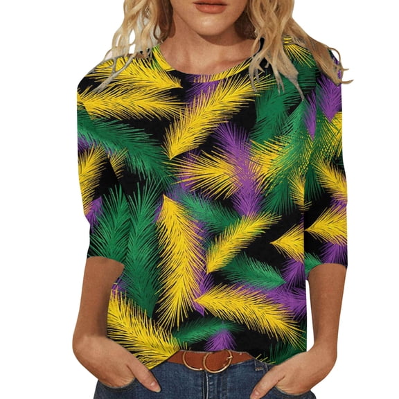 Mardi Gras T Shirts Women Sequin Bling Carnival Graphic 3/4 Length Sleeve Crewneck Blouses Trendy Casual Party Outfits Pullover Tops
