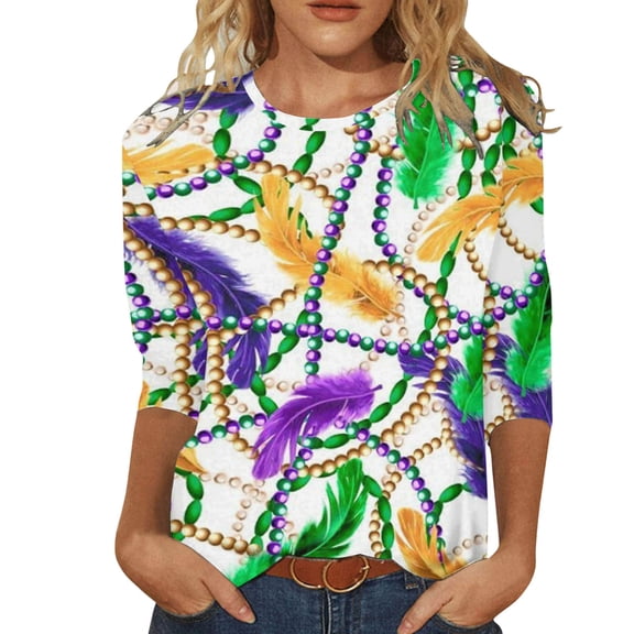 Mardi Gras T Shirts Women Sequin Bling Carnival Graphic 3/4 Length Sleeve Crewneck Blouses Trendy Casual Party Outfits Pullover Tops