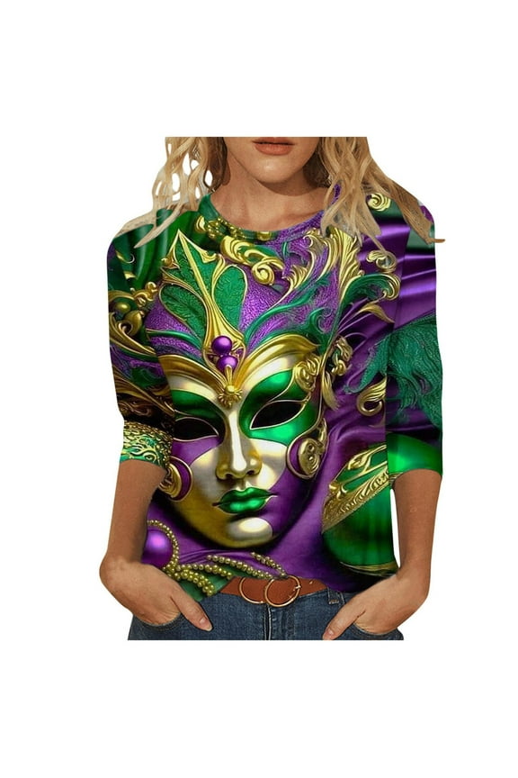 Mardi Gras T Shirts for Women 3/4 Sleeve Round Neck Carnival Costume Mask Print Funny Parade Tshirt Plus Size Mardi Gras Outfit