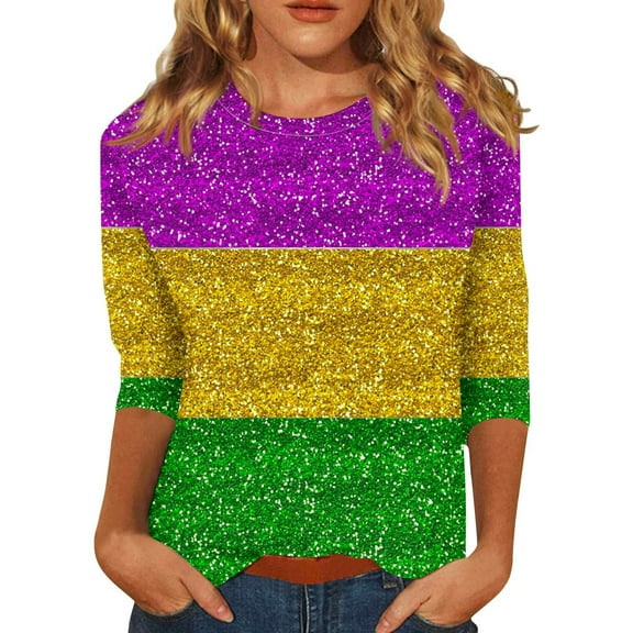 Mardi Gras T Shirts for Women 3/4 Sleeve Round Neck Carnival Costume Mask Print Funny Parade Tshirt Plus Size Mardi Gras Outfit