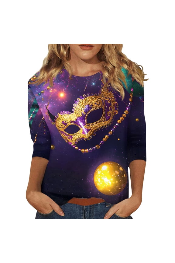 Mardi Gras T Shirts for Women 3/4 Sleeve Tops for Women Trendy Holiday Party Blouses Glitter Mask Printed Crew Neck Funny Mardi Gras Clothes