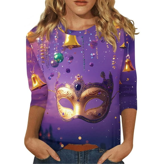 Mardi Gras T Shirts for Women 3/4 Sleeve Tops for Women Trendy Holiday Party Blouses Glitter Mask Printed Crew Neck Funny Mardi Gras Clothes