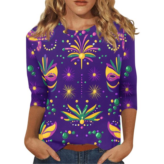 Mardi Gras T Shirts for Women Carnival Mask Printed 3/4 Length Sleeve Womens Tops Casual Crew Neck Pullover Holiday Parade Tunic Tee Tops