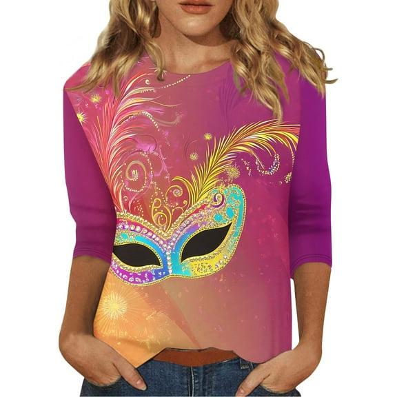 Mardi Gras T Shirts for Women Carnival Themed Graphic Printed 3/4 Sleeve Tops Casual Crew Neck Pullover Holiday Parade Tunic Tee Tops