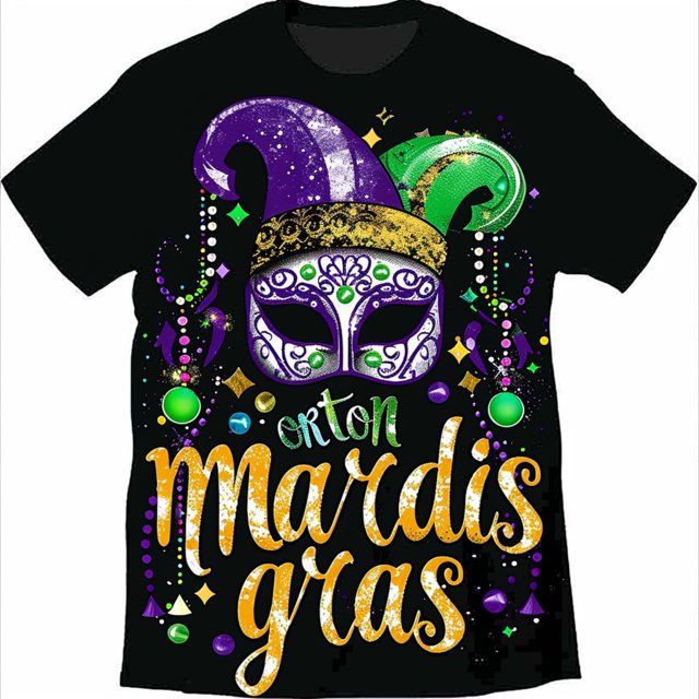 Mardi Gras TShirt with Mask Beads and Jester Hat on Black Background ...