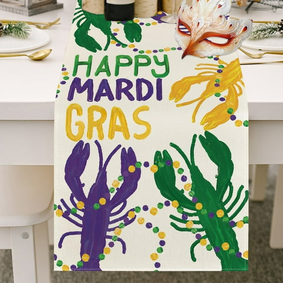 Mardi Gras Table Flags,Lobster Beads Happy Mardi Gras Table Runner,Carnival Kitchen Dining Table Decoration for Home Party Decor