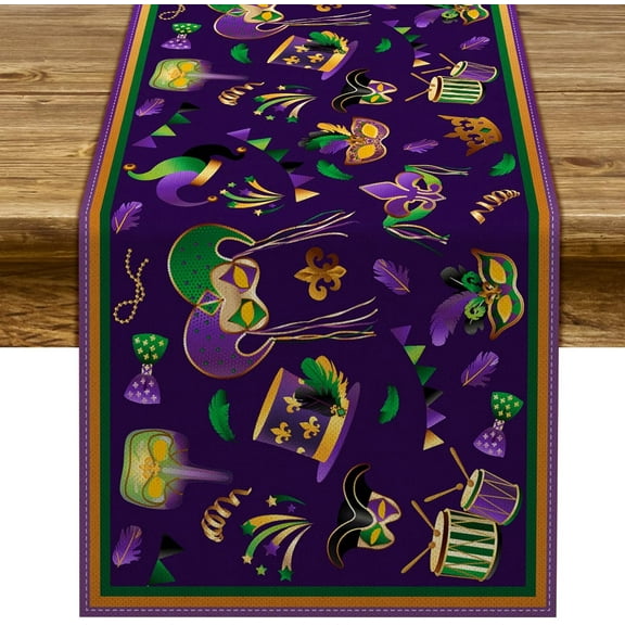 Mardi Gras Table Runner Carnival Mask Fleur De Lis Tablecloth New Orleans Masquerade Party Kitchen Dining Home Decoration (13.8" x 71")
