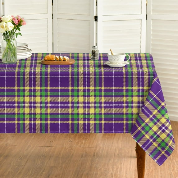 Mardi Gras Tablecloth 60×84 Inch Rectangular, Buffalo Plaid Green Yellow Purple New Orleans Brazil Carnival Washable Seasonal Table Cover for Party Picnic Dinner Decor