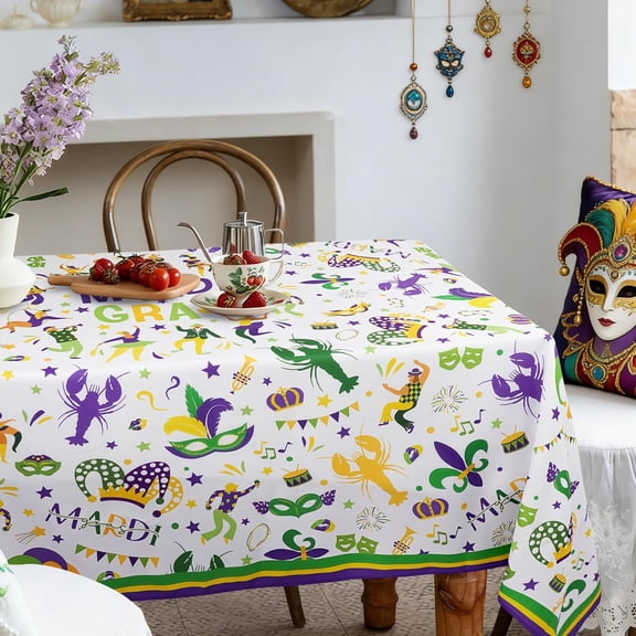 Mardi Gras Tablecloth Decoration Tablecloths, Purple Green Yellow Table Covers, Waterproof Table Cover for Dinner Kitchen Party Holiday Decor 60"x 84" Oblong/Rectangle