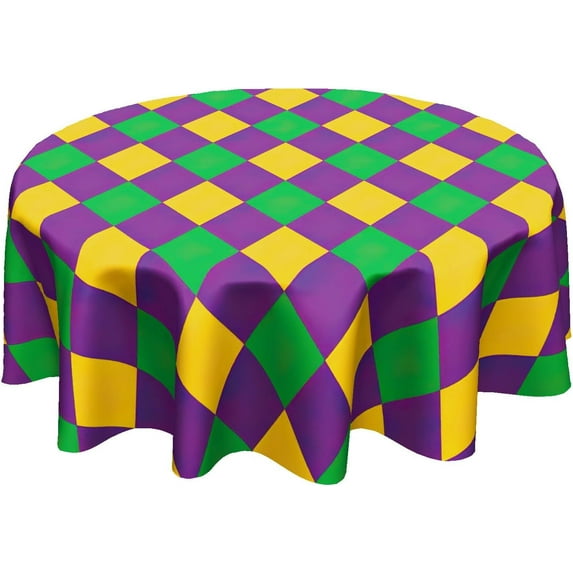 Mardi Gras Tablecloth Round 70 Inch Carnival Table Cloth Circle Purple Yellow Green Table Cover Tabletop for Home Decor Dining Room Kitchen Party Picnic