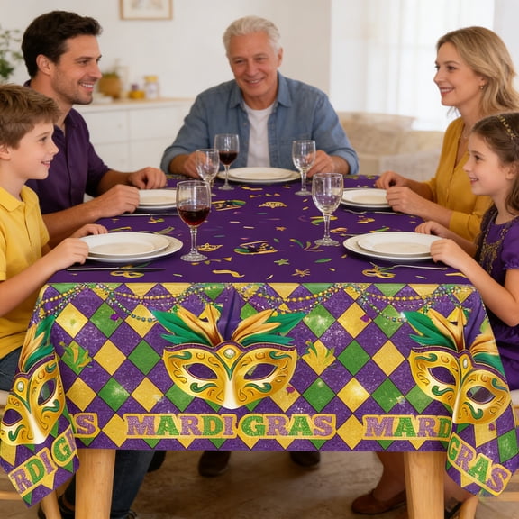 Mardi Gras Tablecloths, Masquerade Dancing Table Decorations, Purple Table Cover Backdrop for Mardi Gras Carnival Party Supplies and Decors, 54 x 107 Inch