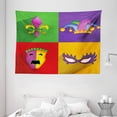 thumbnail image 1 of Mardi Gras Tapestry, Colorful Frames with Mardi Gras Icons Masks Harlequin Hat and Fleur De Lis Print, Wall Hanging for Bedroom Living Room Dorm Decor, 80W X 60L Inches, Multicolor, by Ambesonne, 1 of 2