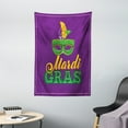 thumbnail image 1 of Mardi Gras Tapestry, Green Mask with Colorful Feathers on Purple Backdrop Styled Calligraphy, Wall Hanging for Bedroom Living Room Dorm Decor, 40W X 60L Inches, Purple Green Yellow, by Ambesonne, 1 of 2