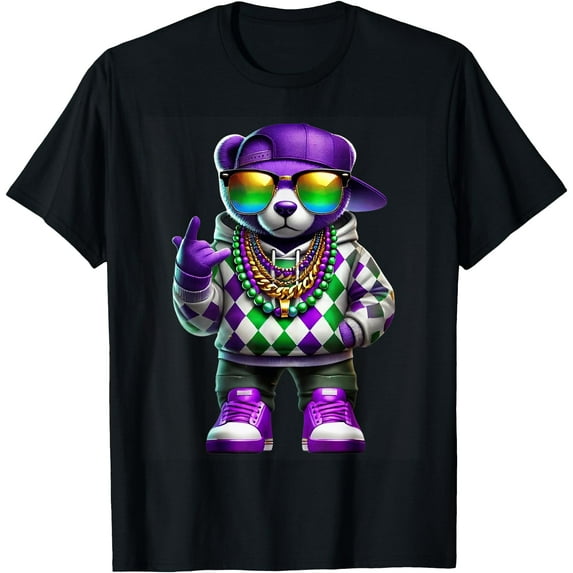 Mardi Gras Teddy Bear for Boys Men Hip Hop New Orleans Tee T-Shirt Louisiana Mardi Gras T-Shirt, Fleur De Lis Look, Parade Colors