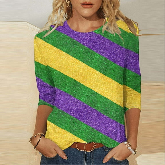 Mardi Gras Tee Shirts for Women Graphic Funny Graphic Tee Carnival Crew Neck 3/4 Sleeve Shirt New-Orleans Party Fat-Tuesday Tops Festival Outfits 2026
