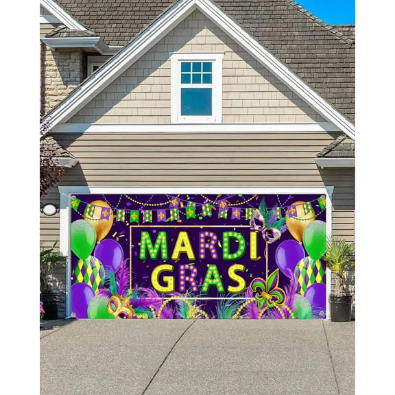 Mardi Gras Theme Garage Door Decorations Background Carnival Masquerade Purple Green Gold Beads Party Backdrop Mask Dancing Prom Wedding Cake Table Party Decor Banner Cover 16X7FT