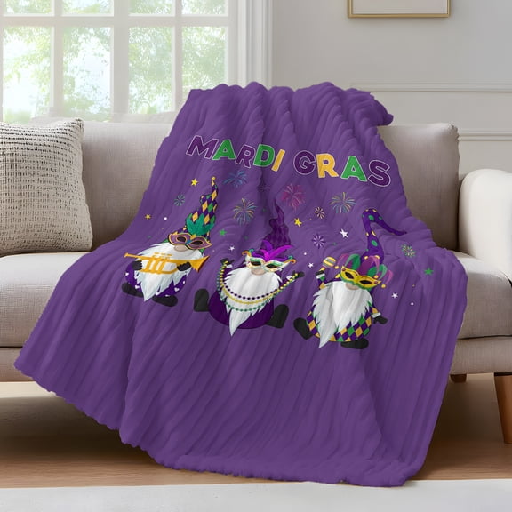 Mardi Gras Throw Blanket for Couch Carnival Gnome Mask Deep Purple Theme Soft and Warm Flannel 3D Striped Fluffy Fuzzy Fleece Blanket Lightweight Throw for Bed, Sofa 30 x 40 Inches