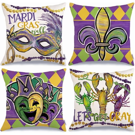 Mardi Gras Throw Pillow Covers 16 x 16 Inch Set of 4, Mardi Gras Y''all Fleur De Lis Jester Hats Beads Mask Feather Lobsters Pillowcases for Home Sofa Couch Cushion Decoration G422-16
