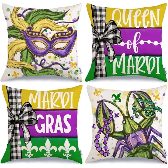 Mardi Gras Throw Pillow Covers 20 x 20 Inch Set of 4, Striped Queen of Mardi Beads Eye Mask Fleur De Lis Decor Pillowcases for Home Sofa Couch Cushion Decoration G420-20
