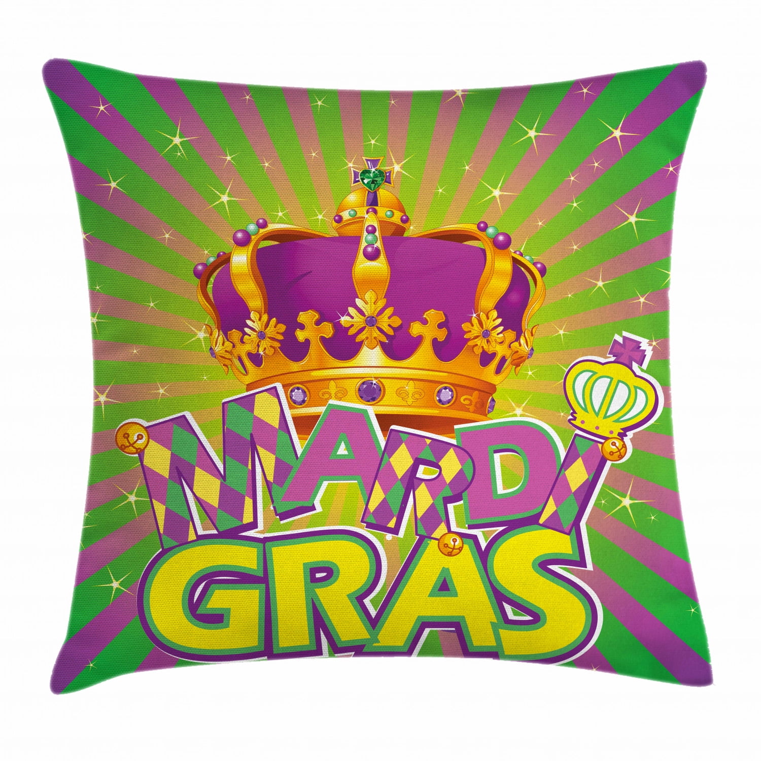 Mardi Gras Throw Pillow Cushion Cover, Antique Crown on Vintage Radial Backdrop Lettering with