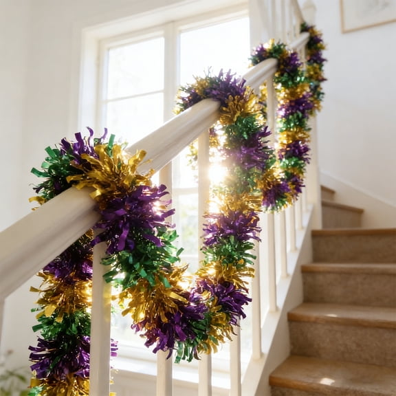 Mardi Gras Tinsel Garland Decorations 6.6Ft, Purple Green Gold Chunky Glitter Metallic Hanging Garland for Carnival Parade Party Home Indoor Outdoor Decor