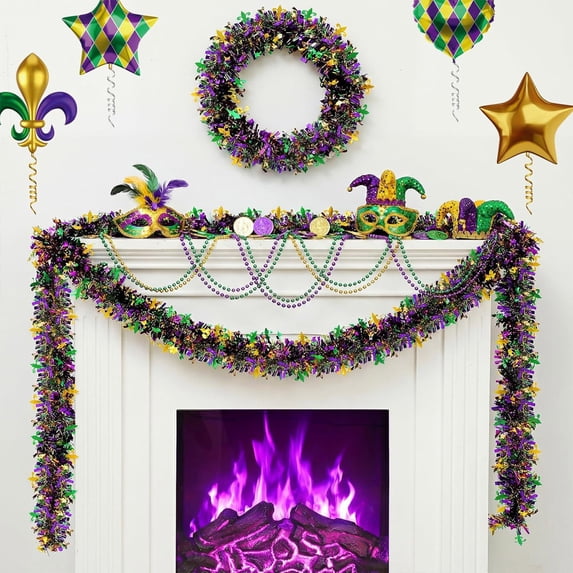 Mardi Gras Tinsel Garland, Purple Green Gold Metallic Streamers, Festive Hanging Decor for Party, Fireplace & Parade Float