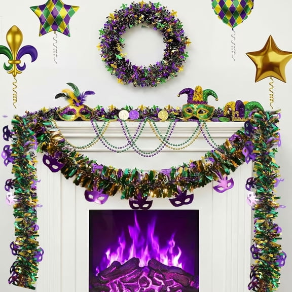 Mardi Gras Tinsel Garland with Purple Mask Accent – 6ft Purple Green Gold Mixed Color Decor for Doorway, Porch, Tree & Carnival Party Celebrations