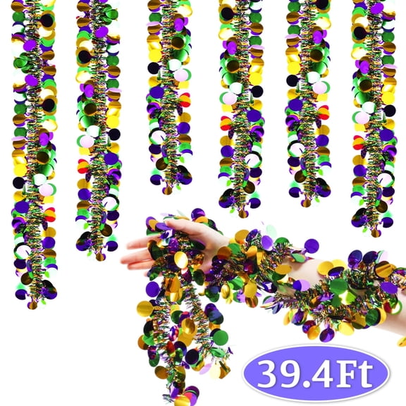 Mardi Gras Tinsel Garlands Mardi Gras Accessories Purple Green Gold Metallic Sparkling Door Garlands for Indoor Outdoor Hanging Decoration 32.8ft Design 1