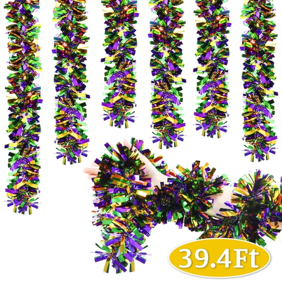 Mardi Gras Tinsel Garlands Mardi Gras Accessories Purple Green Gold Metallic Sparkling Door Garlands for Indoor Outdoor Hanging Decoration 39.36ft Design 2