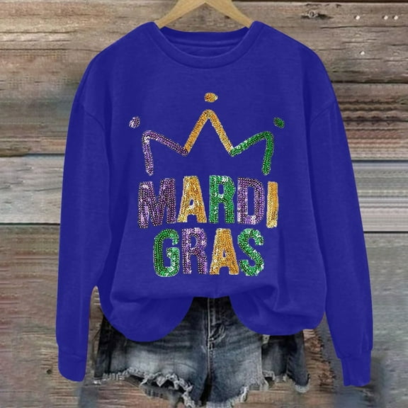 Mardi Gras Tops T-shirt Blouse for Womens,Womens MARDI GRAS Long Sleeves Round Neck Printed Loose Sweatshirt Blue L