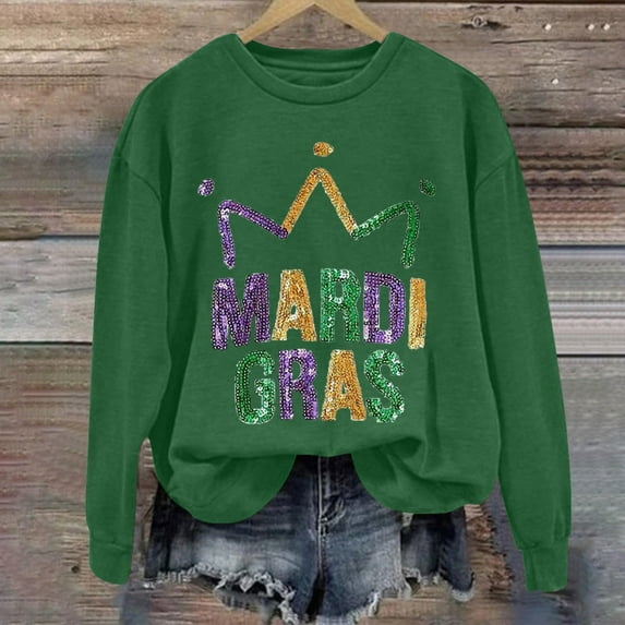 Mardi Gras Tops T-shirt Blouse for Womens,Womens MARDI GRAS Long Sleeves Round Neck Printed Loose Sweatshirt Green L