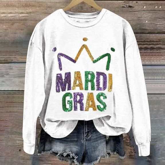 Mardi Gras Tops T-shirt Blouse for Womens,Womens MARDI GRAS Long Sleeves Round Neck Printed Loose Sweatshirt White L