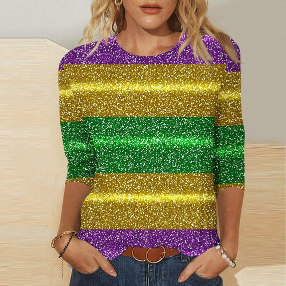 Mardi Gras Tops for Women 3/4 Sleeve Carnival Printed Casual Round Neck T-shirt Green XL