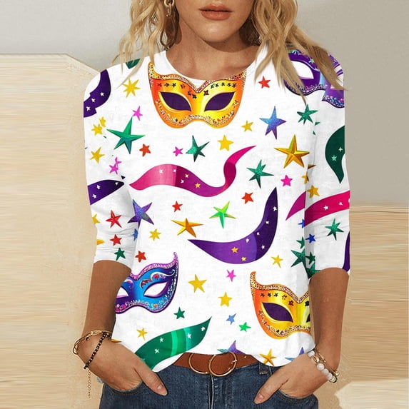 Mardi Gras Tops for Women 3/4 Sleeve Carnival Printed Casual Round Neck T-shirt Hot Pink XL