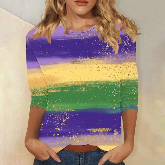 Mardi Gras Tops for Women 3/4 Sleeve Carnival Printed Casual Round Neck T-shirt Purple L