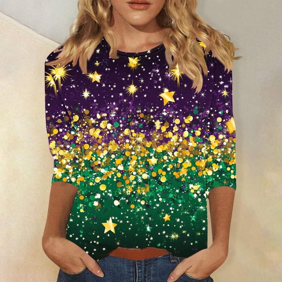 Mardi Gras Tops for Women 3/4 Sleeve Carnival Printed Casual Round Neck T-shirt Purple L