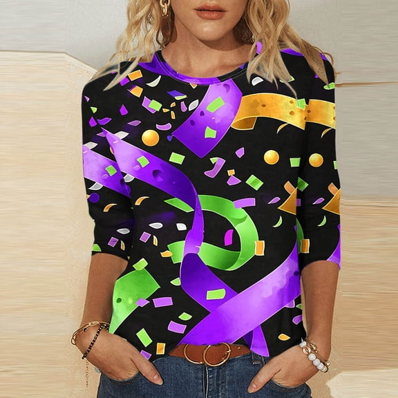 Mardi Gras Tops for Women Carnival Daily 3/4 Sleeve Bow Round Neck Loose T-shirt Purple L