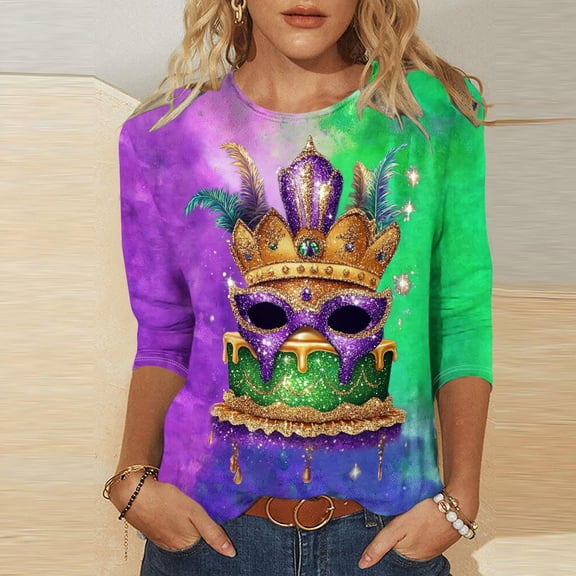 Mardi Gras Tops for Women Carnival Mask Printed Three Quarter Sleeve Round Neck Top Multicolor L