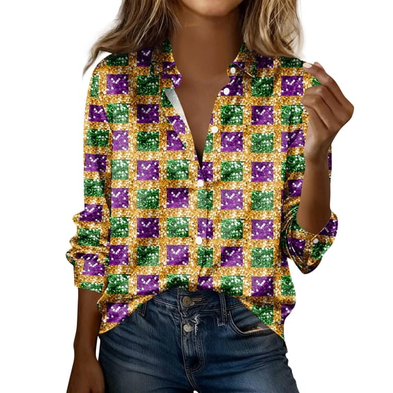 Mardi Gras Tops for Women Long Sleeve Casual V Neck Blouse Trendy Button Down Spring Collared Shirt Soft Carnival Business Shirts for Women