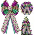 thumbnail image 1 of Mardi Gras Tree Topper Bow Decorations,12”x20” Large Glitter Wreath Bow Decor for Tree Holiday Party Wall Home Front Door Float Golf Cart Gold Green Purple, 1 of 6