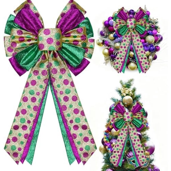 Mardi Gras Tree Topper Bow Decorations,12”x20” Large Glitter Wreath Bow Decor for Tree Holiday Party Wall Home Front Door Float Golf Cart Gold Green Purple