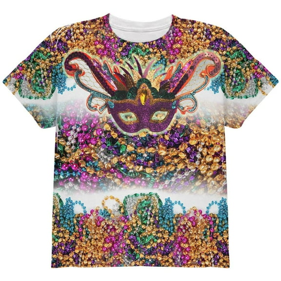 Mardi Gras Trippy Mask Beads All Over Youth T Shirt Multi YSM