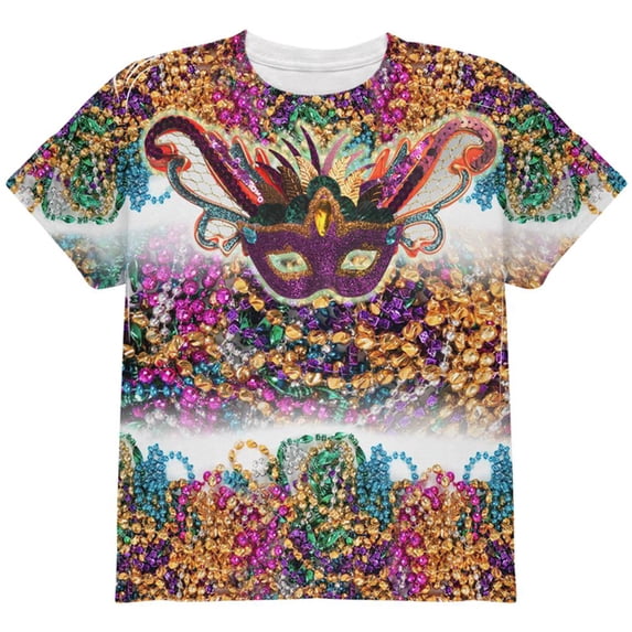 Mardi Gras Trippy Mask Beads All Over Youth T Shirt Multi YSM