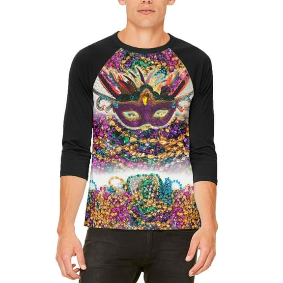 Mardi Gras Trippy Mask Beads Mens Raglan T Shirt White-Black SM