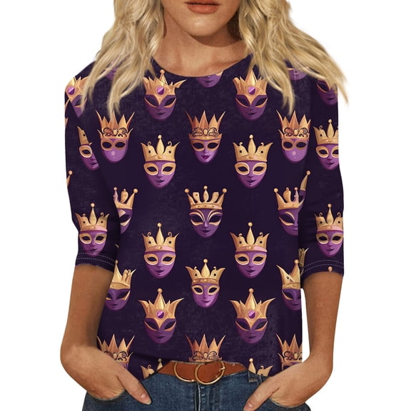 Mardi Gras Tshirts Shirts for Women Graphic Mask Print 3/4 Length Sleeve Womens Tops Round Neck Holiday Party Tunic Tee Tops