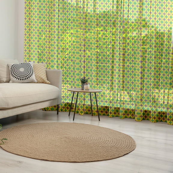 Mardi Gras Tulle Curtains with Rod Pocket, Retro Pattern with Star Circular Motifs Masquerade Design, Sheer Drape for Wedding Party 2 Panels, 7 Sizes, Purple Fern Green Yellow, by Ambesonne