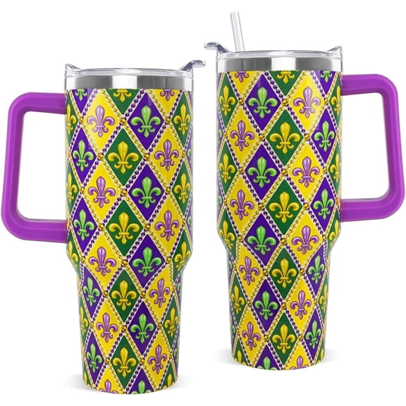Mardi Gras Tumbler with Handle 40 oz Happy Carnival Coffee Travel Mug Stainless Steel Insulated Cup Mardi Gras Decor Gifts